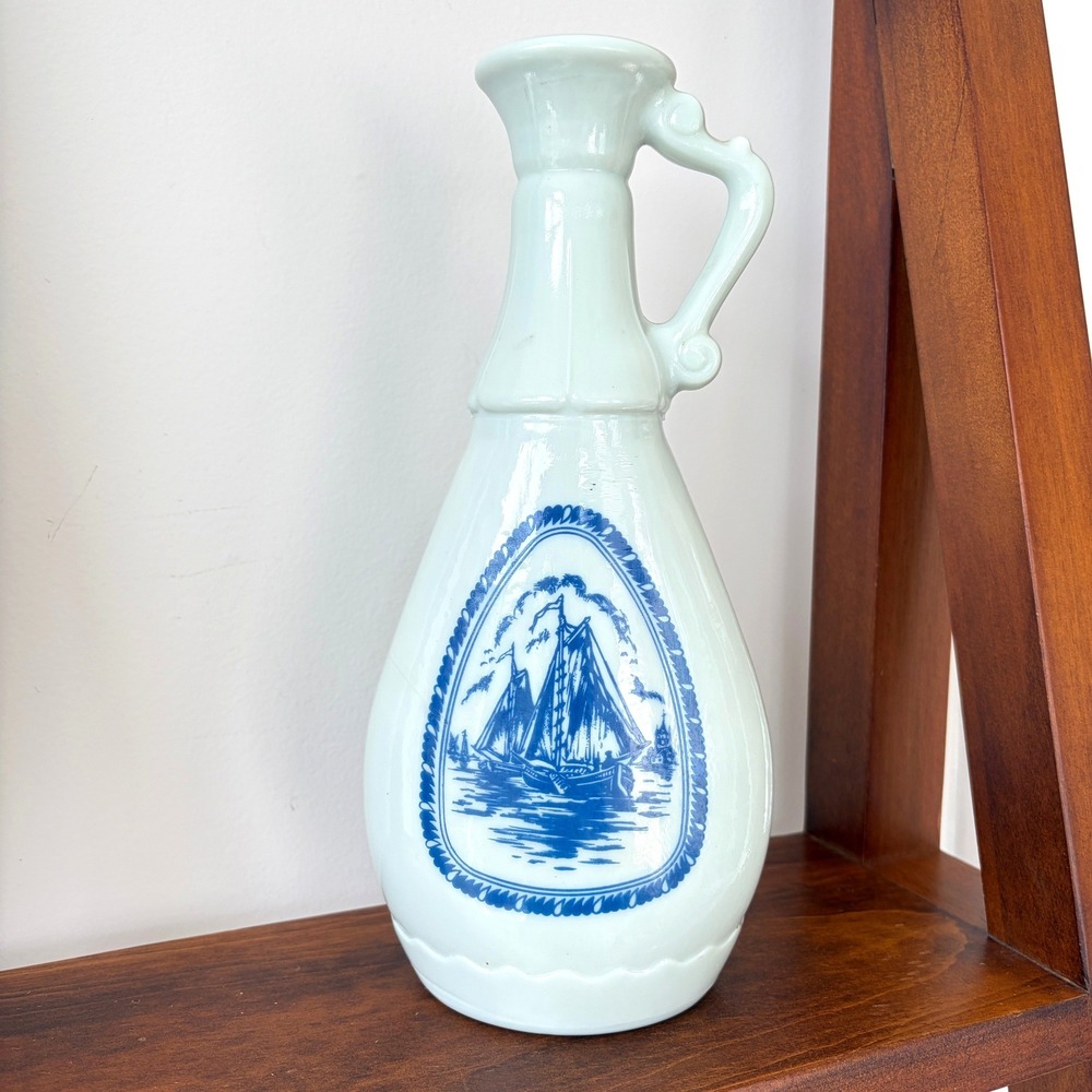 Vintage Milk Glass Nautical Sailboat Windmill Decanter Bottle Blue White 10.75in